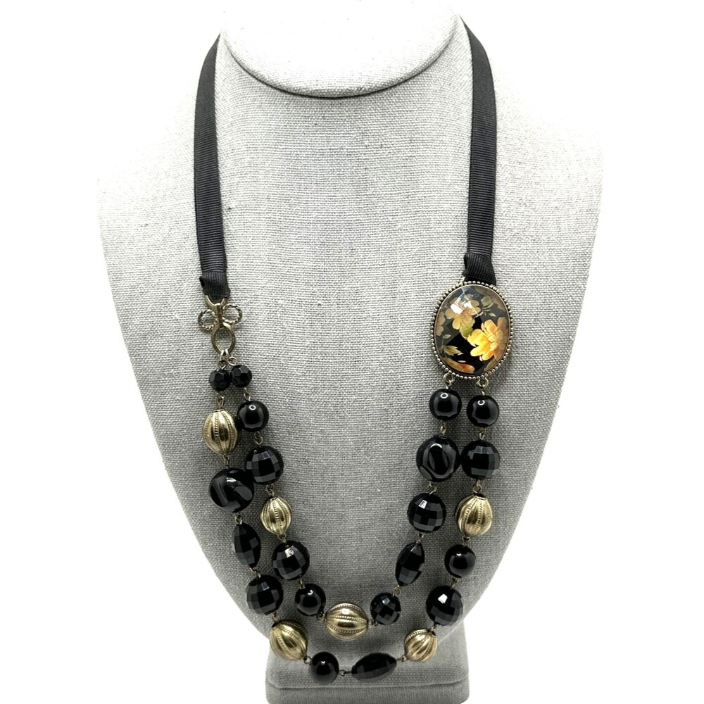 1928 Brand Black Gold Bead Necklace Faceted Floral Cabochon Ribbon Statement 24"